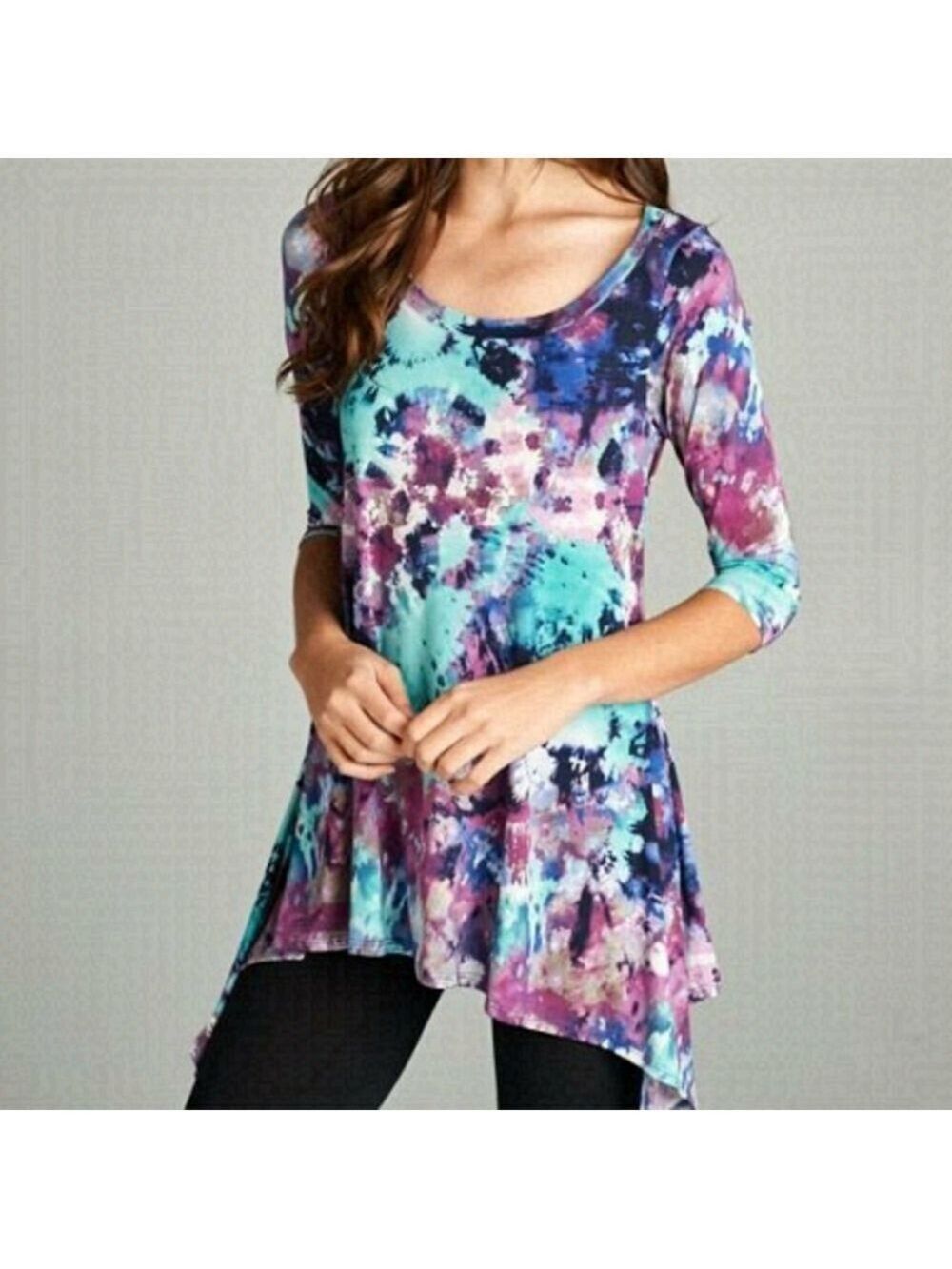 EMERALD 3/4 Sleeve Watercolor Tunic Top Size Small NWT
